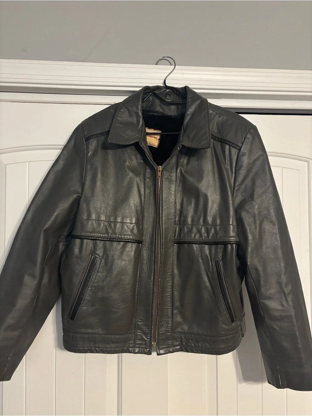 Oleg Cassini Men's Dark Gray Leather Bomber Jacket